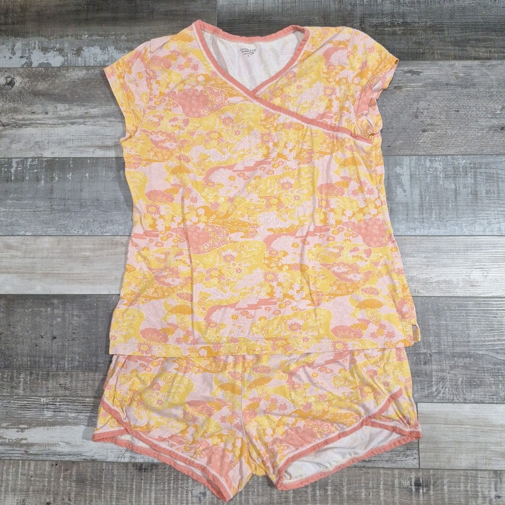 Garnet Hill Pajama Set Organic Cotton Knit Asain Wrap Shorts Floral M Medium